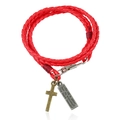 Zweilagiges rotes geflochtenes Lederarmband mit Kreuzanhänger und graviertem Metallschild - Rot