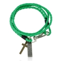 Bracelet en cuir PU tressé vert avec croix en bronze et plaque en métal gravée - Vert clair