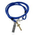 Bracelet wrap en cuir PU tressé bleu avec breloque gravée et pendentif croix en bronze - Bleu royal