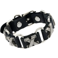 Minimalistische zwarte leren armband met zilveren X-vormige studs en drukknoopsluiting - Zwart