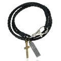 Bracelet double en cuir noir tressé avec fermoir argenté et breloque croix en bronze - Noir