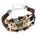 Punk style multi-layer leather bracelet with bronze butterfly charm and beaded accents - Butterfly Charm Lobster Clasp Style