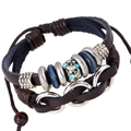 Retro multi-layer braided leather bracelet with blue beads and adjustable rope closure - Dark Brown Vintage Multilayer Style (B01321)