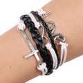 Bracciale retrò multistrato in pelle intrecciata con croce in metallo e ciondoli LOVE al polso - Stile Intrecciato Multistrato Nero Bianco Argento
