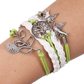 Bohemian multi-layer braided bracelet with silver life tree and bird charms - Tree of Life & Birds Style