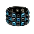 Detailed view of punk leather bracelet with blue and black pyramid studs and snap buttons - Black and Blue