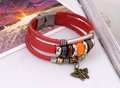 Red multi-layer leather bracelet with metal butterfly charm and colorful beads - Red
