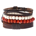 Retro multi-layer leather bracelet set with brown braided rope and wooden beads - Vintage Multilayer Bracelet Set (TZ072)