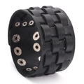 Herren retro mehrlagiges geflochtenes schwarzes Lederarmband mit silbernen Metallösen - Schwarz