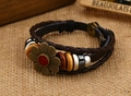 Detail of multilayer braided leather bracelet with bronze sunflower and wooden beads - Dark Red Flower