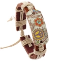 Retro woven leather bracelet with peace sign charm and bohemian hemp rope design - Tan