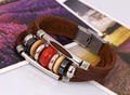 Close-up of multilayer brown leather bracelet with silver metal beads and wood accents - Dark Brown