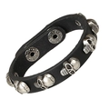 Pulsera punk de cuero con dijes de calaveras plateadas y cierre de botón a presión - Calavera de una Sola Fila (P01427) / Negro