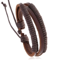 Bracciale retrò multistrato in vera pelle intrecciata marrone con cordino regolabile - Marrone scuro
