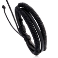 Bracciale multistrato in pelle intrecciata nera con cordino regolabile su fondo bianco - Nero