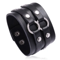 Pulsera ancha de cuero negro para hombre estilo punk con anillos de metal plateado - Negro