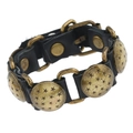 Men's punk leather bracelet with vintage brass star studs and rustic ring buckle link - Black