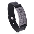 Bracciale in pelle nera retrò con placca in metallo drago nordico in vista studio 45 gradi - Argento Antico