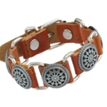 Vintage Punk Lederarmband in Braun mit Sonnenblumen-Prägung und silbernen Metallringen - Braun
