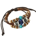 Bracciale multistrato in pelle fatto a mano con gemma blu e perline turchesi per uomo e donna - Bracciale Multistrato Strass Blu (B01533) / Marrone