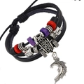 Vintage multi-layer leather bracelet with colorful beads and silver crescent moon charm - Moon Face Pendant Style (B01413)