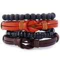 Retro 4-delige set gevlochten lederen armbanden met houten kralen en etnische bedels - Retro Gevlochten Leer Houten Kralen Stijl (TZ089)