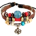 Multilayer leather beaded bracelet featuring blue wood beads and bronze clover charm - Brown