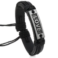 Handwoven vintage black leather bracelet with LOVE engraved silver-tone metal plate - Black