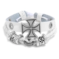 Witte meerlaagse gevlochten lederen armband met zilveren IJzeren Kruis en metalen kralen - Wit