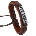 Retro handmade woven brown leather bracelet with LOVE engraved metal plate for couples - Brown