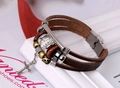 Detail of multi-layer brown leather bracelet with cross pendant and vintage beads - Dark Brown