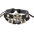 Verstelbare zwarte leren armband met zilveren kruis en kralen in vintage stijl - Zwart