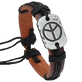 Bracciale in pelle fatto a mano con segno di pace cinturino marrone e cordino nero - Nero