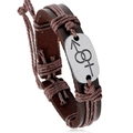 Brown braided leather bracelet with silver gender symbol metal plate and adjustable cord - Brown