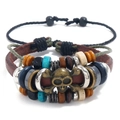 Men's multilayer leather bracelet with brown beads and vintage bronze skull charm - Skull Alien
