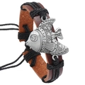 Bracciale vintage in pelle intrecciata marrone con ciondolo a forma di pesce d'argento - Nero