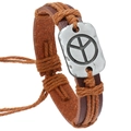 Bracciale intrecciato in pelle marrone con placca in metallo vintage simbolo pace - Marrone chiaro