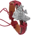Bracciale vintage in pelle intrecciata con cordino rosso e ciondolo pesce regolabile - Rosso Scuro