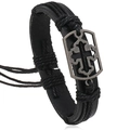 Handmade woven black leather bracelet for men featuring a vintage silver cross charm - Black