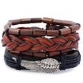 Dreiteiliges Vintage-Lederarmband-Set mit gewebten Bändern und silbernem Flügelanhänger - Vintage Kombinationsset (TZ088)