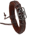 Men's vintage dark brown leather bracelet with hollow cross alloy charm and woven cord - Coffee
