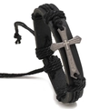 Handmade black leather woven bracelet with metal cross featuring Spanish Lord's Prayer - Black