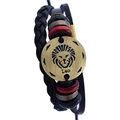Multilayer braided leather bracelet featuring a bronze Leo zodiac lion head charm - Leo