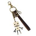 Vintage leather robot keychain with movable alloy limbs and bronze lobster clasp on white background - Retro Alloy Robot Charm (K142)