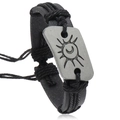Handmade vintage black leather woven bracelet with adjustable sun and moon metal plate - Black