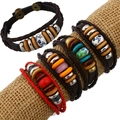 Bohemian braided leather bracelets set with wooden beads and vintage metal clasp - Random mixed style as shown
