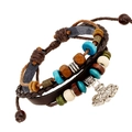 Retro multi-layer braided leather bracelet with turquoise beads and floral pendant charm - Multilayer Beaded Pendant Style