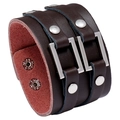 Punk style wide brown leather bracelet for men featuring double silver metal buckles - Brown