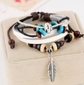 Bohemian multilayer leather bracelet set with turquoise beads and feather pendant - White