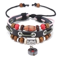 Multilayer bohemian leather beaded bracelet featuring ethnic compass charm and colorful cords - Brown
